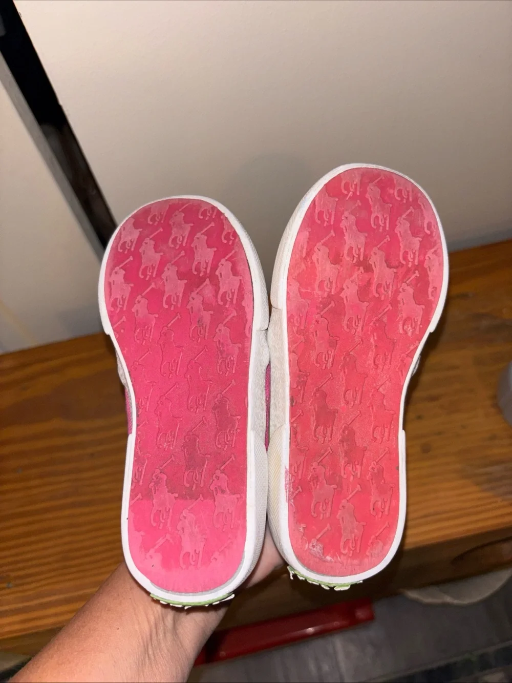 Polo by Ralph Lauren Girls Pink Slip-On Canvas Sneakers with Green size 8 1/2